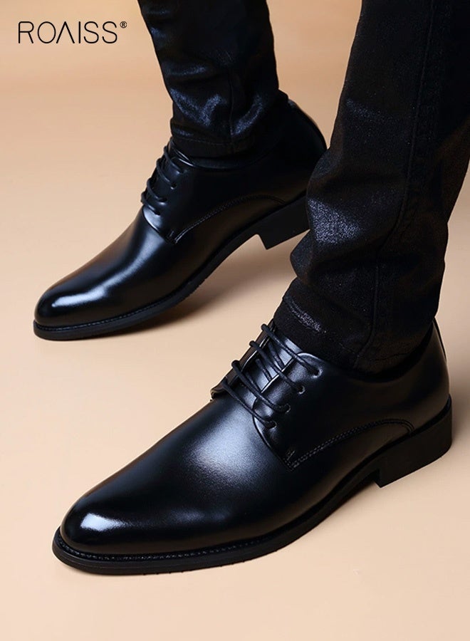 roaiss Men's Pointed Toe Leather Shoes Lace-Up Dress Shoes Formal Style Daily Comfort Breathable Durable for Business Casual Wear and Perfectly Suited for Weddings and Special Occasions Black - Image 1